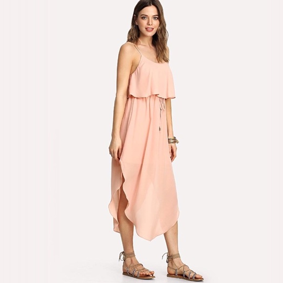 Ruffled Overlay Long Side Slits Spaghetti Strap Tie Front Blush Dress - Picture 7 of 7